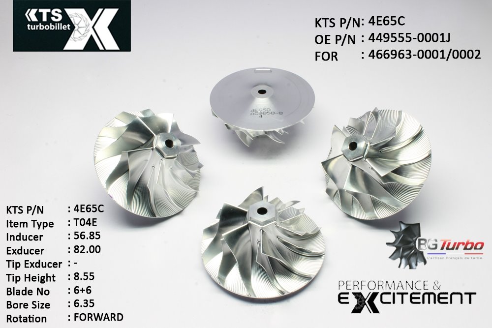 Turbo ROUE FORGÉE MFS PERFORMANCE - 6+6 PALES - INDUCER : 56,85 - EXDUCER : 82 - TYPE : T04EANGLE : 50° - ROTATION : Forward - SUPER BACK : 4,96 - BORE SIZE : 6,35
